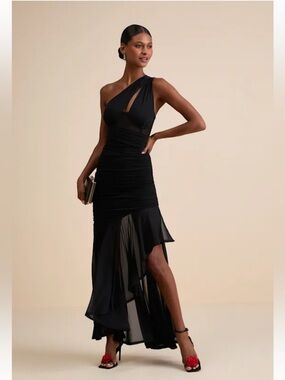 Lulu's Black One-Shoulder Cutout Ruched High-Low Evening Gown